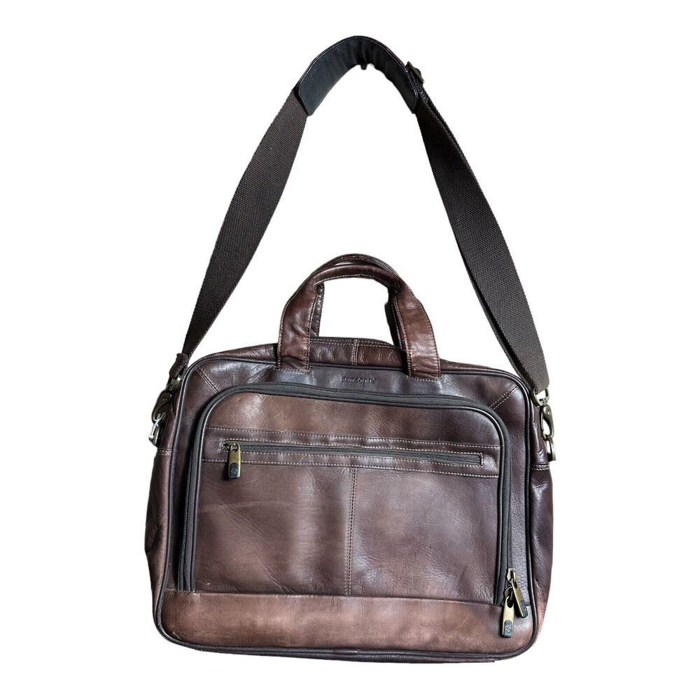 Classic Samsonite Genuine Leather Laptop Shoulder Strap Briefcase Brown